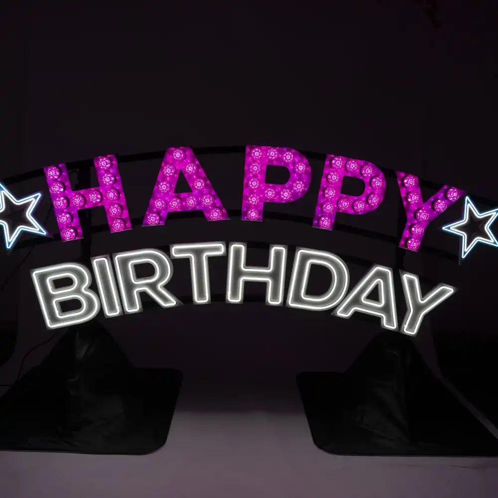 Illuminated ’Happy Birthday’ sign.