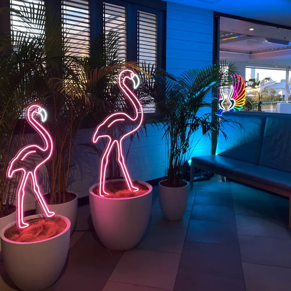Pink flamboyance of Flamingos In Pot Neon (Set of 4) - Neon Sign Hire Brisbane